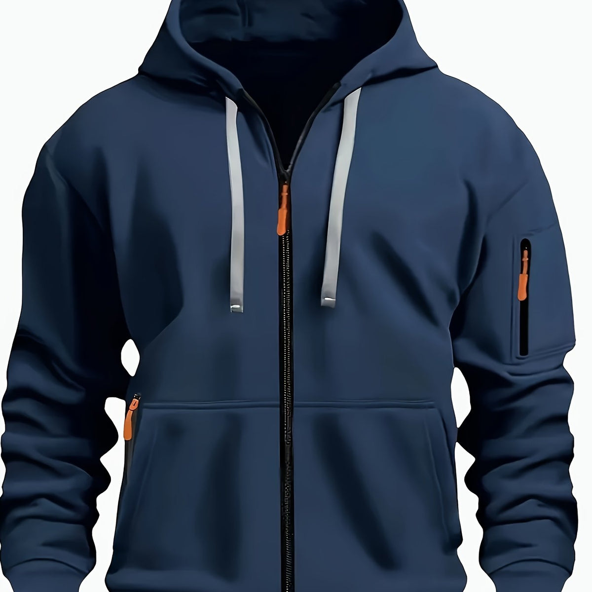 Navy Blue Men's Hooded Jacket with Zip-Up Front & Multi-Pocket Design