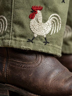 Military Green Women's Embroidered Rooster Jumpsuits — Phoebe Relaxed-Fit Cotton Overalls - Embroidery Close Up