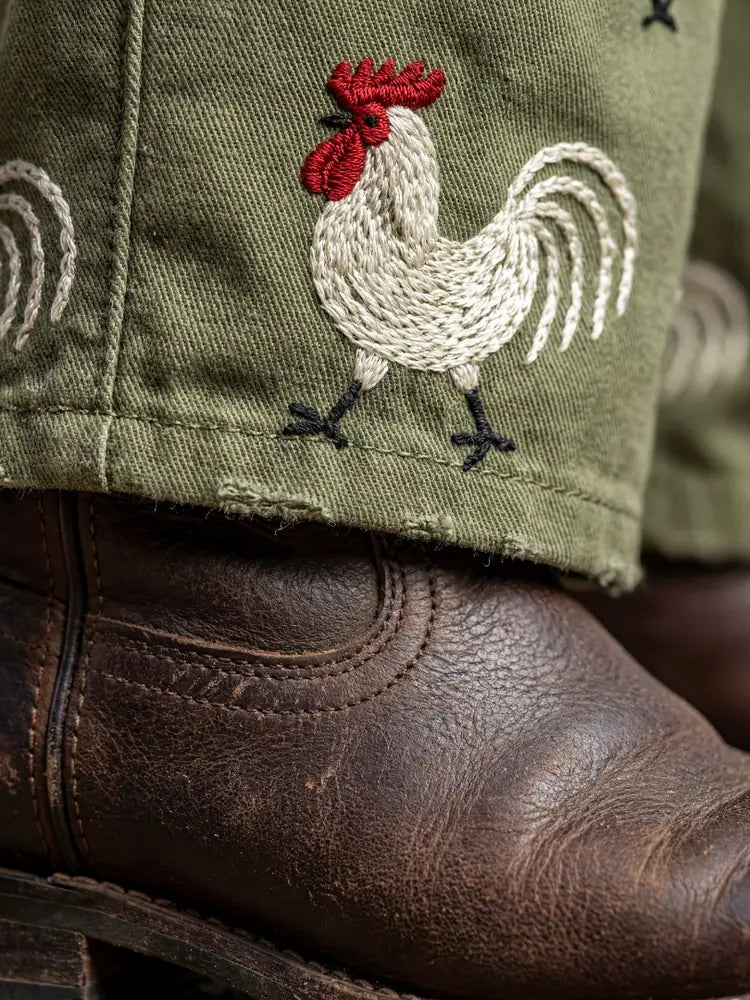 Military Green Women's Embroidered Rooster Jumpsuits — Phoebe Relaxed-Fit Cotton Overalls - Embroidery Close Up