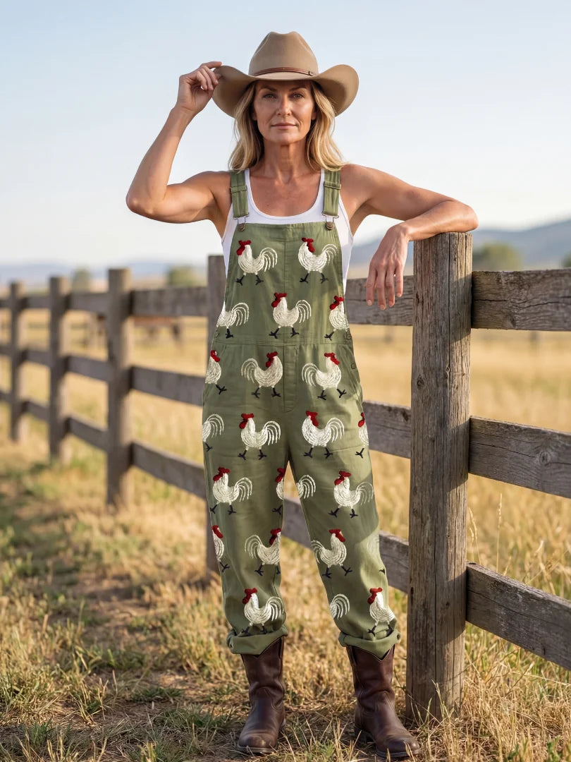 Military Green Women's Embroidered Rooster Jumpsuits — Phoebe Relaxed-Fit Cotton Overalls - Front Fence Pose