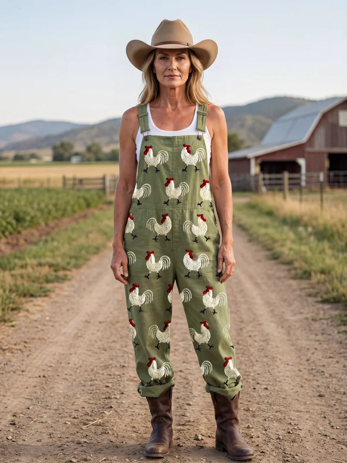 Military Green Green Women's Embroidered Rooster Jumpsuits — Phoebe Relaxed-Fit Cotton Overalls - Front Full