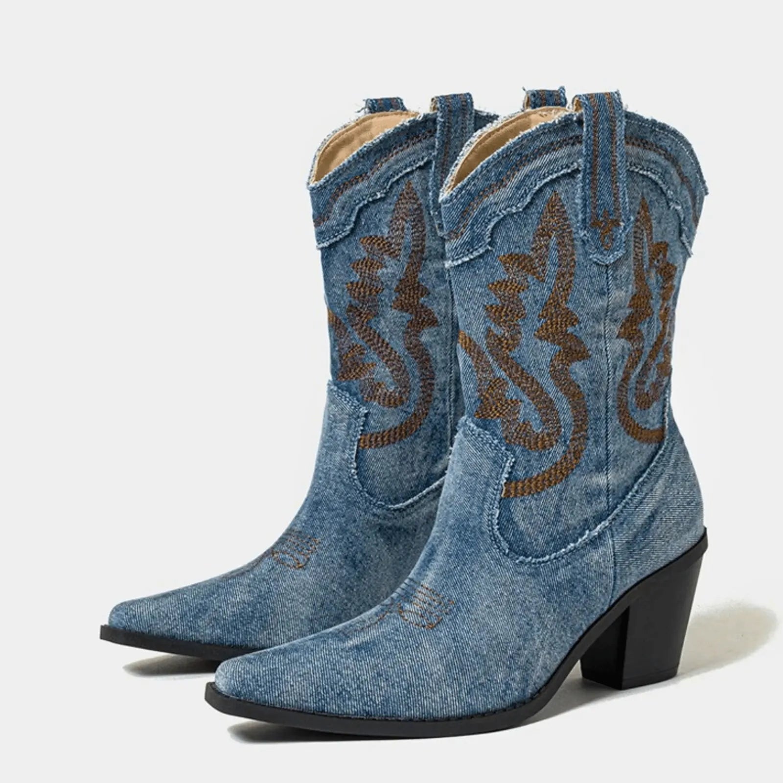Denim Women's Embroidered Western Ankle Boots — Jane Pull-Tab Block Heel Cowboy - Studio Angle