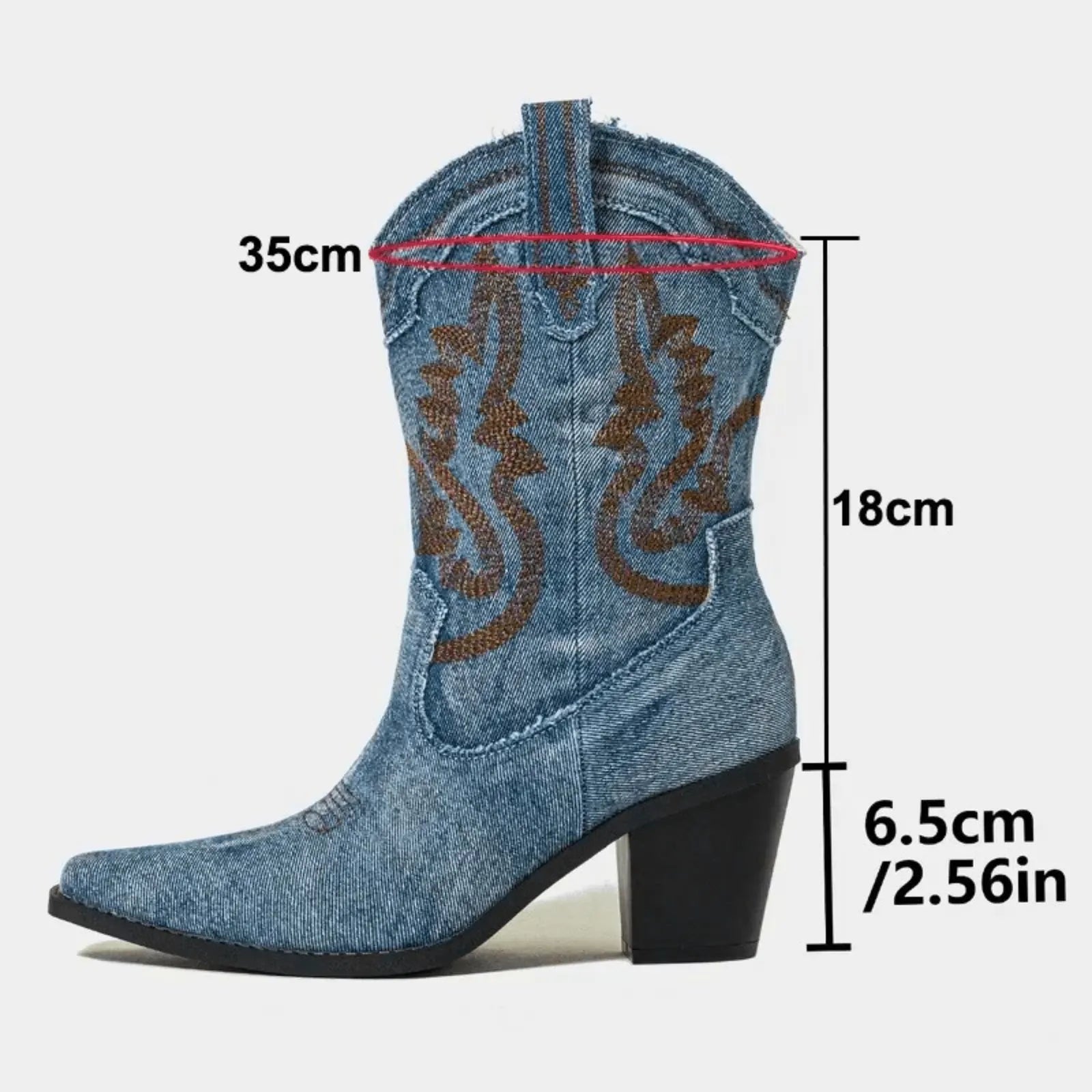 Sky Blue Women's Embroidered Western Ankle Boots — Jane Pull-Tab Block Heel Cowboy - Measurement Diagram