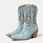 Sky Blue Women's Embroidered Western Ankle Boots — Jane Pull-Tab Block Heel Cowboy - Studio White