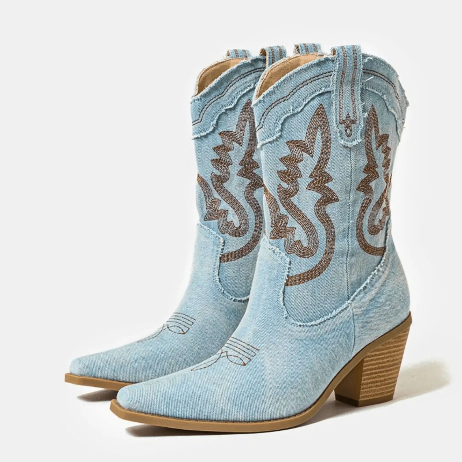 Sky Blue Women's Embroidered Western Ankle Boots — Jane Pull-Tab Block Heel Cowboy - Studio White