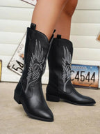 Black Women's Embroidered Western Boots — Eilidh Cushioned Block-Heel Pointed-Toe - Side Profile Signage