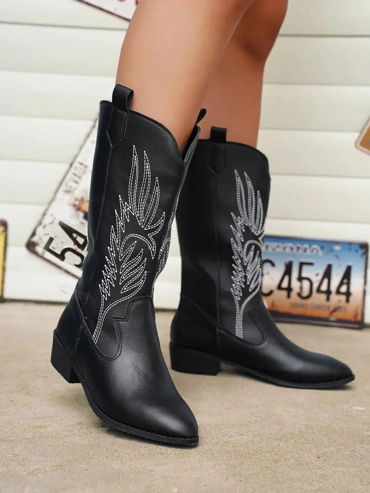 Black Women's Embroidered Western Boots — Eilidh Cushioned Block-Heel Pointed-Toe - Side Worn Signage