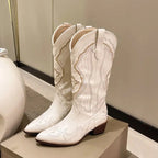 Cream Women's Embroidered Western Boots — Wendy Faux Leather Pointed-Toe Mid-Calf - Front Full