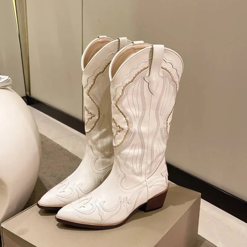 Cream Women's Embroidered Western Boots — Wendy Faux Leather Pointed-Toe Mid-Calf - Front Full