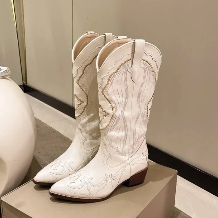 Cream Women's Embroidered Western Boots — Wendy Faux Leather Pointed-Toe Mid-Calf - Front Full