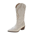 Cream Women's Embroidered Western Boots — Wendy Faux Leather Pointed-Toe Mid-Calf - Studio White