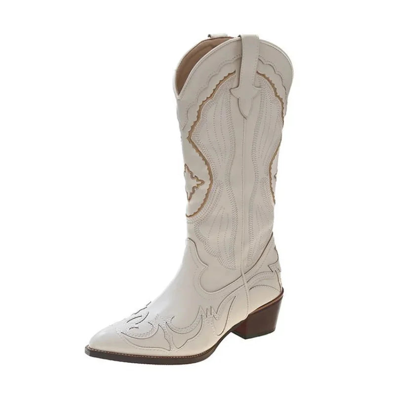 Cream Women's Embroidered Western Boots — Wendy Faux Leather Pointed-Toe Mid-Calf - Studio White