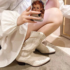 Cream Women's Embroidered Western Boots — Wendy Faux Leather Pointed-Toe Mid-Calf - Worn Detail
