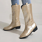 Gold Women's Embroidered Western Boots — Eilidh Cushioned Block-Heel Pointed-Toe - Walking Pose