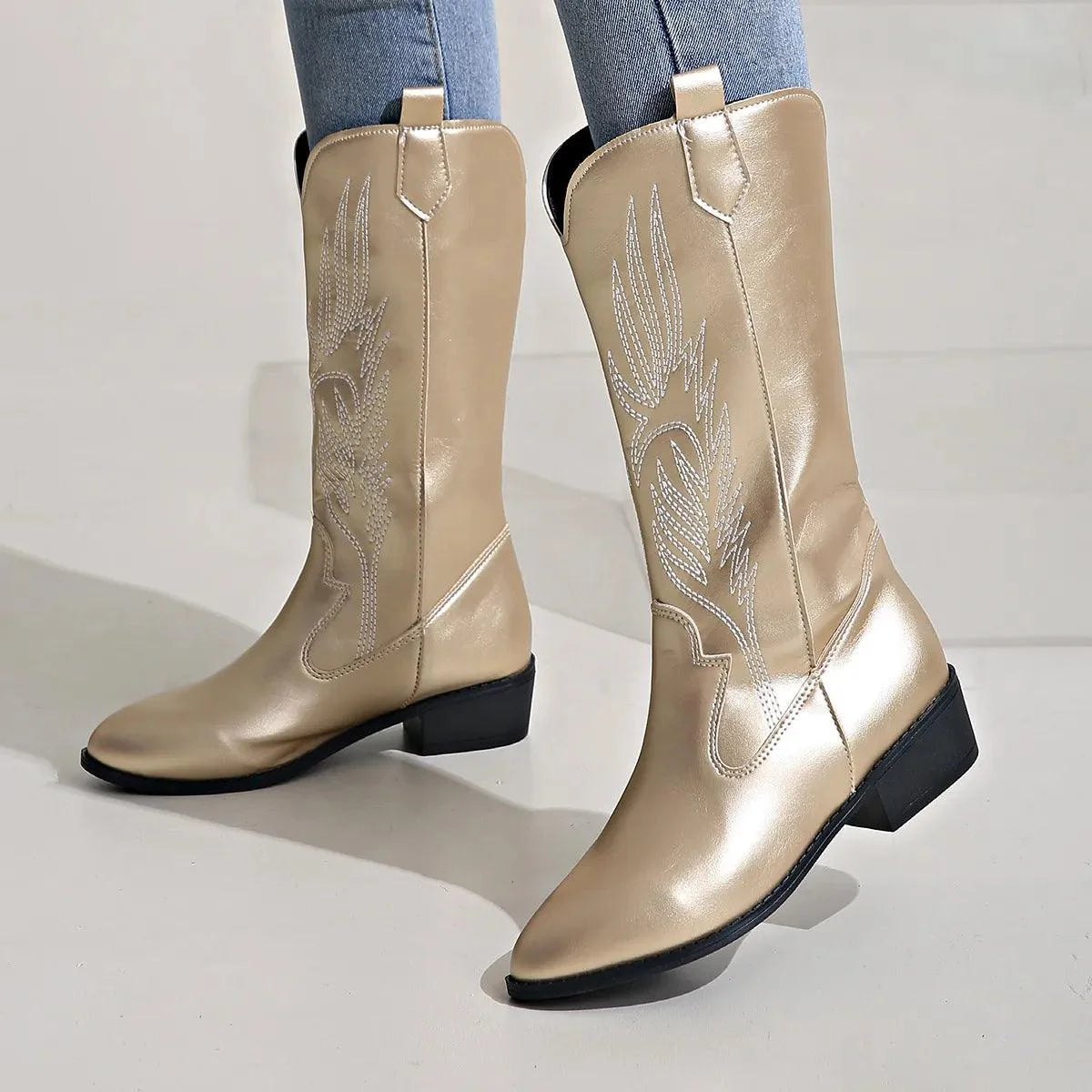 Gold Women's Embroidered Western Boots — Eilidh Cushioned Block-Heel Pointed-Toe - Walking Pose