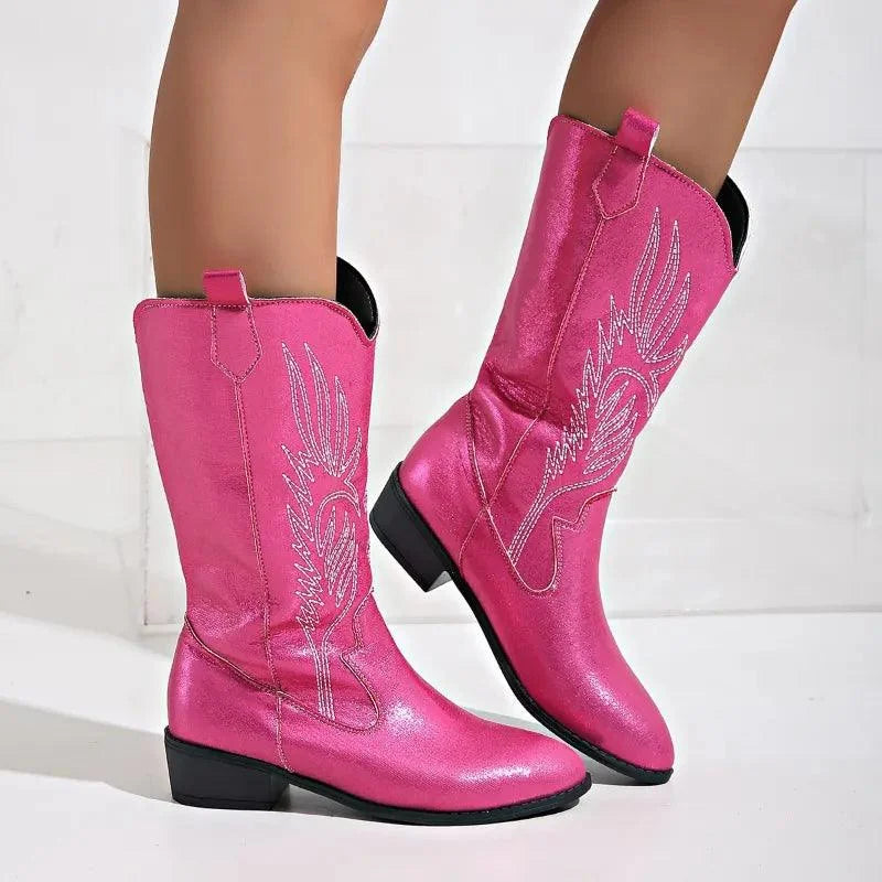 Pink Women's Embroidered Western Boots — Eilidh Cushioned Block-Heel Pointed-Toe - Studio Product Shot