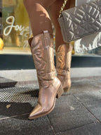 Gold Women's Pointed Toe Western Boots — Lexi Cushioned Embroidered Mid Heel - Close Up Detail