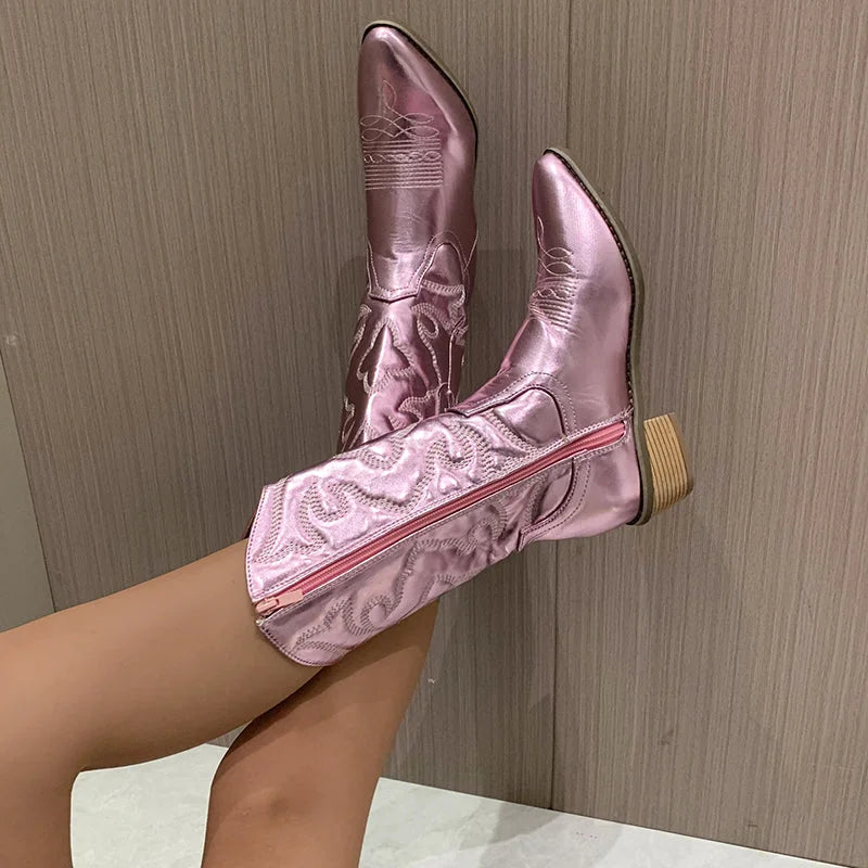 Pink Women's Pointed Toe Western Boots — Lexi Cushioned Embroidered Mid Heel - Legs Up Pose