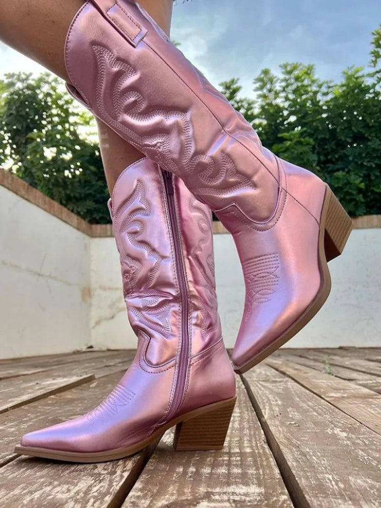 Pink Women's Pointed Toe Western Boots — Lexi Cushioned Embroidered Mid Heel - Outdoor Pose