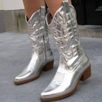 Silver Women's Pointed Toe Western Boots — Lexi Cushioned Embroidered Mid Heel - Close Up Embroidery