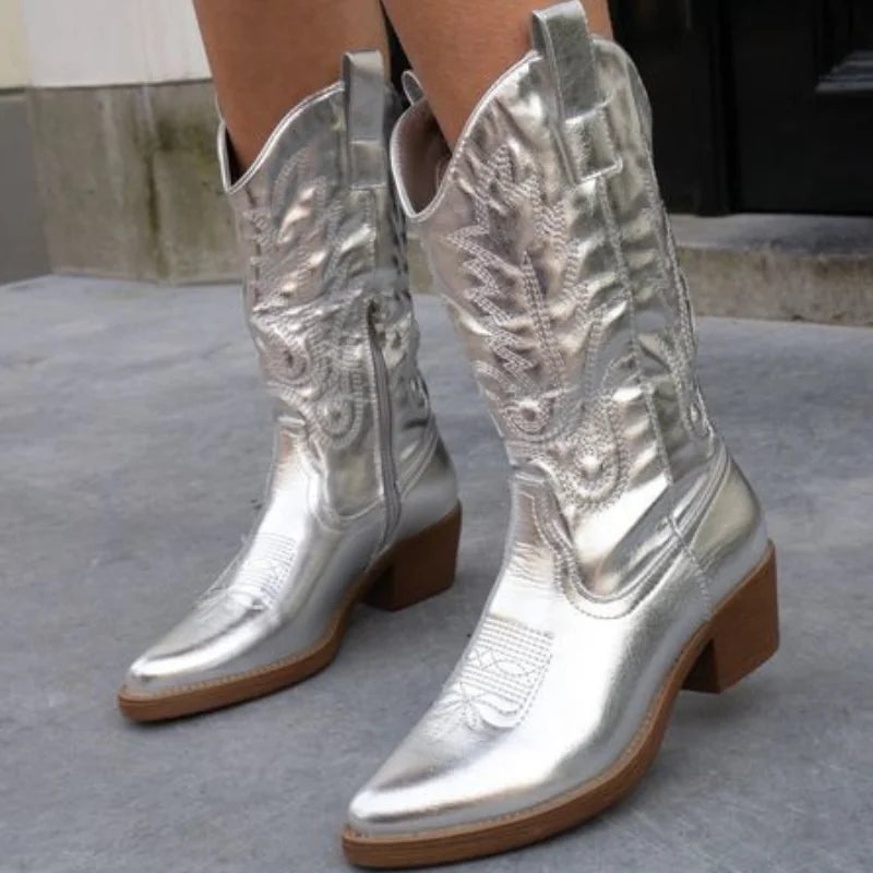 Silver Women's Pointed Toe Western Boots — Lexi Cushioned Embroidered Mid Heel - Close Up Embroidery