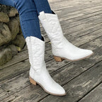 White Women's Pointed Toe Western Boots — Lexi Cushioned Embroidered Mid Heel - Wooden Deck Pose
