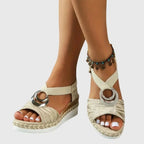 Beige Women's Espadrille Wedge Sandals — Talia Peep Toe Ankle Strap - 1 Front Close