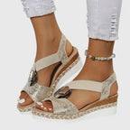 Beige Women's Espadrille Wedge Sandals — Talia Peep Toe Ankle Strap - 1 Side Detail