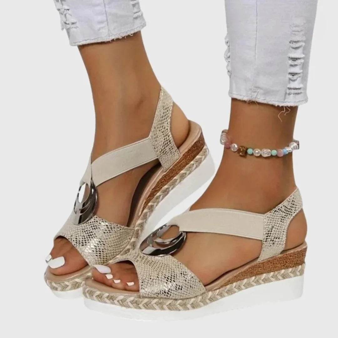Beige Women's Espadrille Wedge Sandals — Talia Peep Toe Ankle Strap - 1 Side Detail