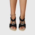 Black Women's Espadrille Wedge Sandals — Talia Peep Toe Ankle Strap - 1 Front Full