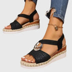 Black Women's Espadrille Wedge Sandals — Talia Peep Toe Ankle Strap - 1 Side Heel