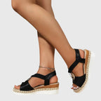 Black Women's Espadrille Wedge Sandals — Talia Peep Toe Ankle Strap - 2 Side Walking