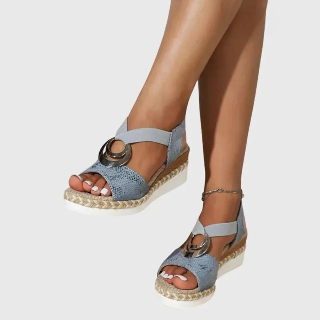 Blue Women's Espadrille Wedge Sandals — Talia Peep Toe Ankle Strap - Front Angled