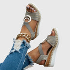 Gray Women's Espadrille Wedge Sandals — Talia Peep Toe Ankle Strap - Side Pose