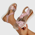 Pink Women's Espadrille Wedge Sandals — Talia Peep Toe Ankle Strap - 2 Handheld Detail