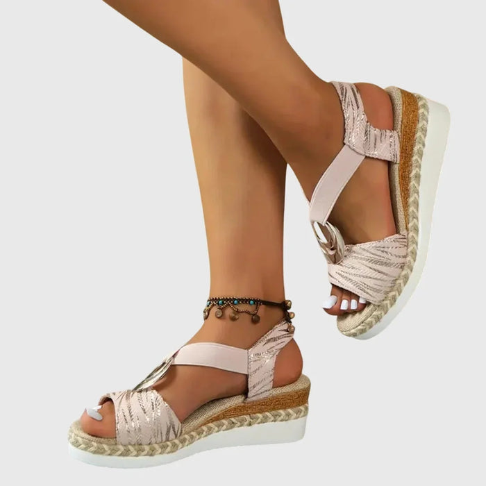 Pink Women's Espadrille Wedge Sandals — Talia Peep Toe Ankle Strap - 1 Worn Lifestyle