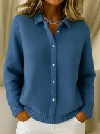 Dark Blue Women's Collared Waffle Knit Cardigan — Shiloh Relaxed Button-Front Everyday