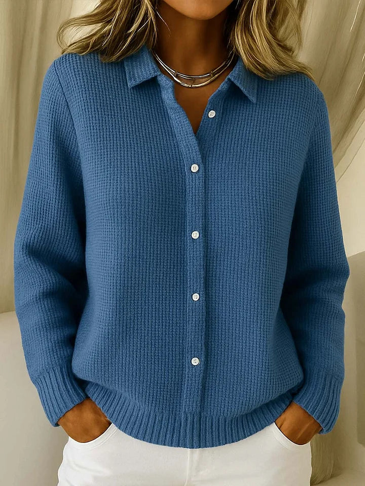 Dark Blue Blue Women's Collared Waffle Knit Cardigan — Shiloh Relaxed Button-Front Everyday