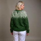 Green Women's Nordic Yoke Cardigan — Alice Wool-Blend Button-Front Fair Isle - Back Detail