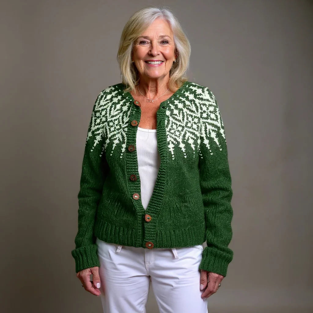 Green Women's Nordic Yoke Cardigan — Alice Wool-Blend Button-Front Fair Isle - Front Full Studio