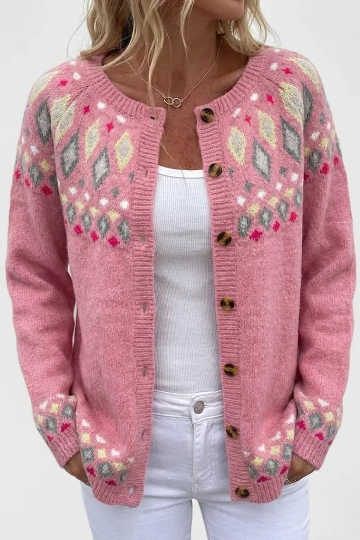 Pink Women's Pink Fair Isle Cardigan — Evelyn Button-Front Crew Neck Long Sleeve - Front Close Up