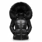Black Women's Faux Fur Hooded Puffer Jacket with Side Pockets