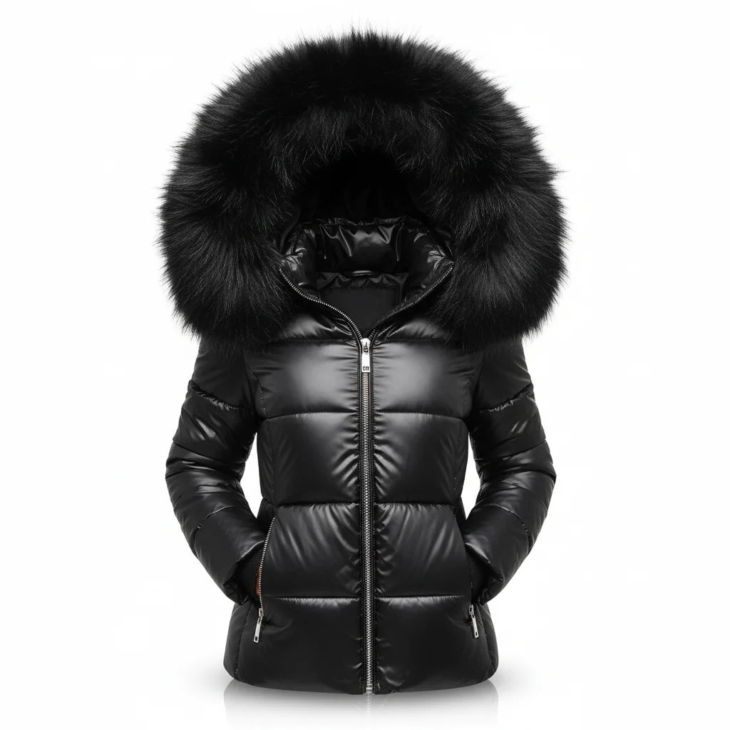 Black Women's Faux Fur Hooded Puffer Jacket with Side Pockets