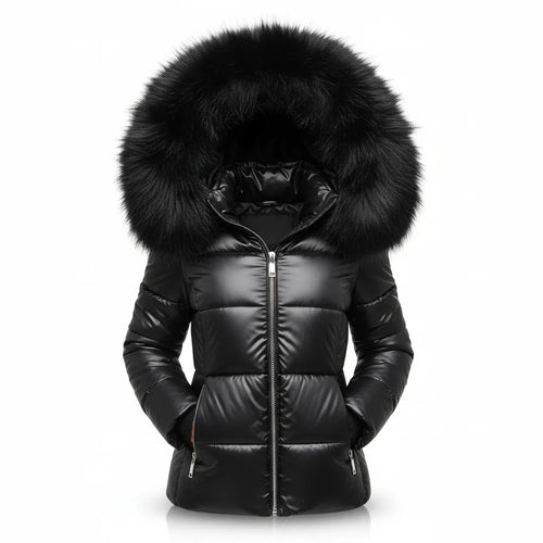 Black Women's Faux Fur Hooded Puffer Jacket with Side Pockets