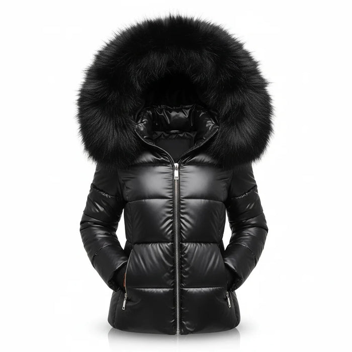 Black Women's Faux Fur Hooded Puffer Jacket with Side Pockets