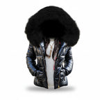 Women's Faux Fur Hooded Puffer Jacket with Side Pockets - Front Faceless Model