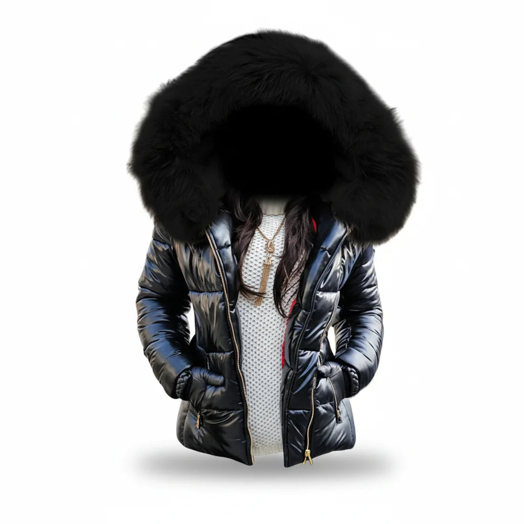 Women's Faux Fur Hooded Puffer Jacket with Side Pockets - Front Faceless Model