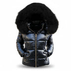Women's Faux Fur Hooded Puffer Jacket with Side Pockets - Front Zip Studio