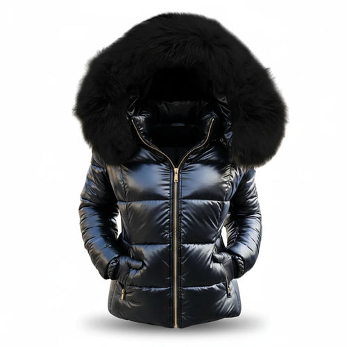 Women's Faux Fur Hooded Puffer Jacket with Side Pockets - Front Zip Studio