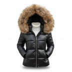 Black with Brown Hood Women's Faux Fur Hooded Puffer Jacket with Side Pockets - Front Styled Sweater